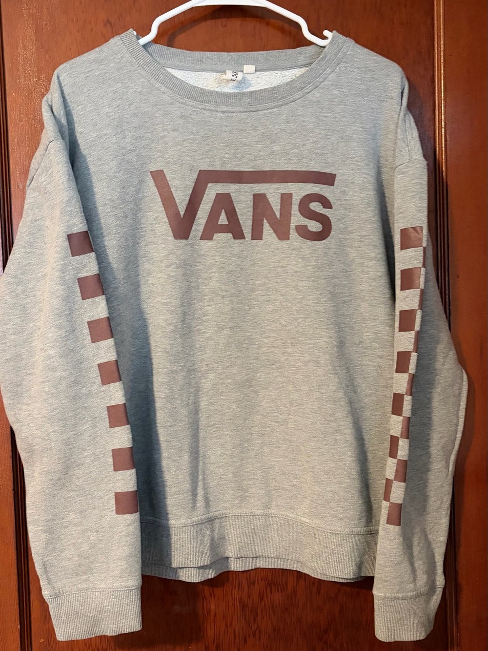 Vans Gray Crewneck Sweatshirt with Burgundy Logo and Checker Sleeves